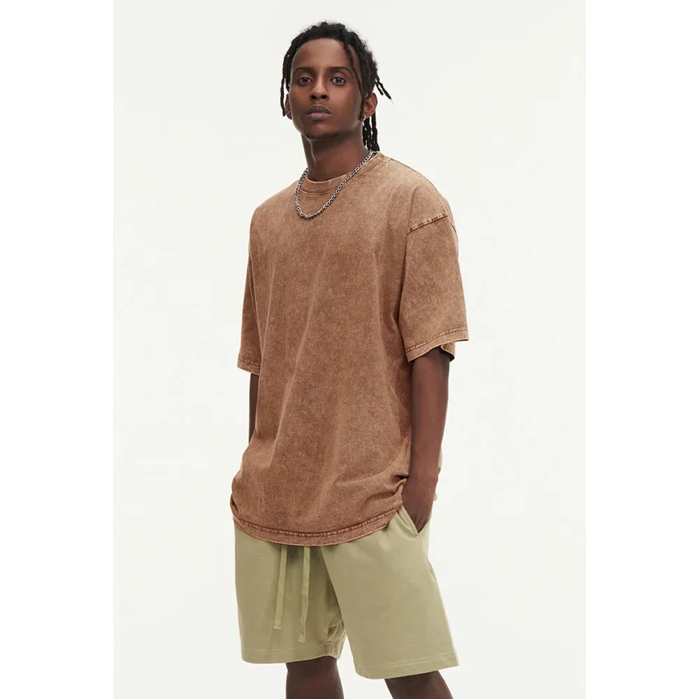 230G Cotton Retro T-shirt Drop-shoulder Sleeve Men Women Vintage Short-sleeve T Shirts Solid Color Hip Hop Loose Tees
