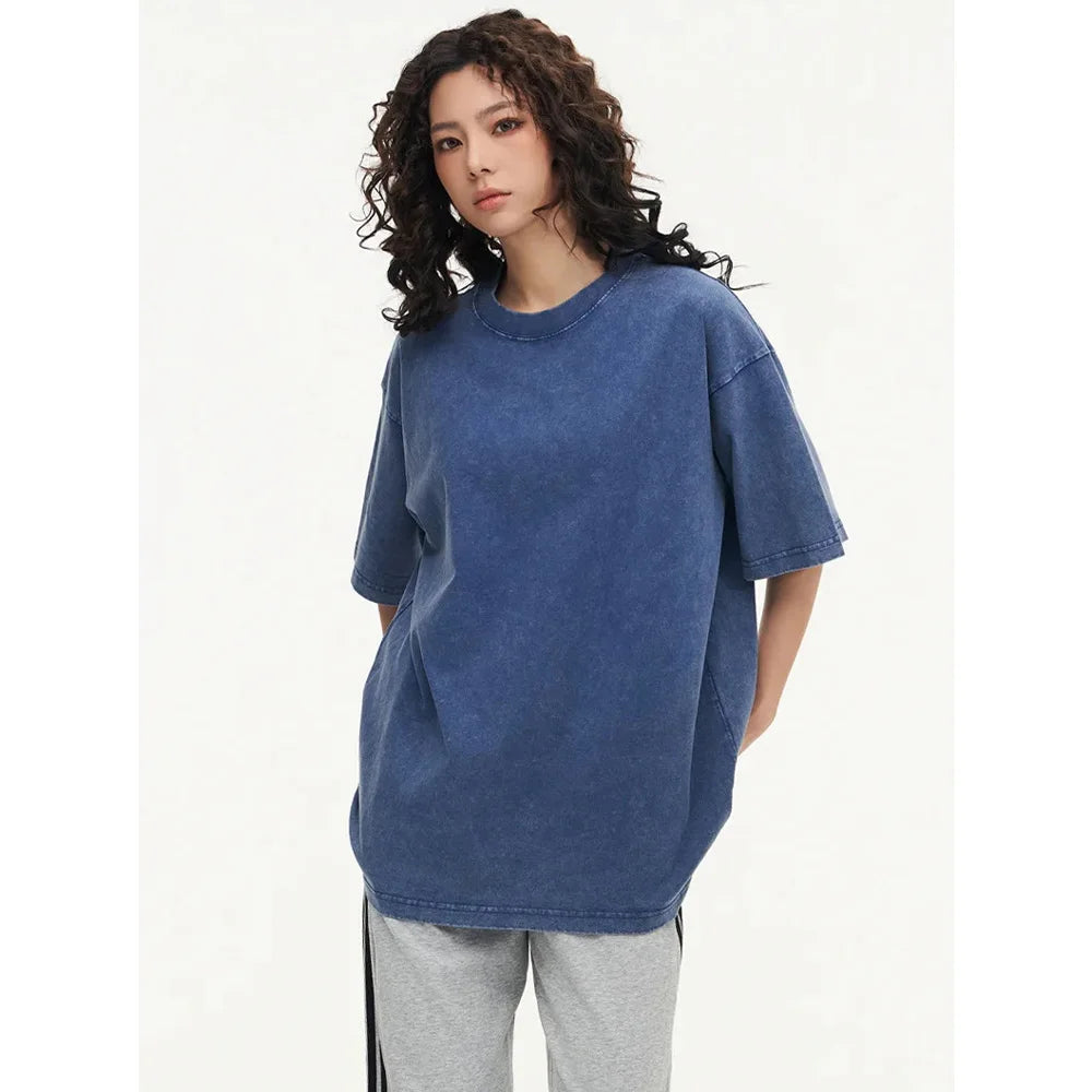 230G Cotton Retro T-shirt Drop-shoulder Sleeve Men Women Vintage Short-sleeve T Shirts Solid Color Hip Hop Loose Tees