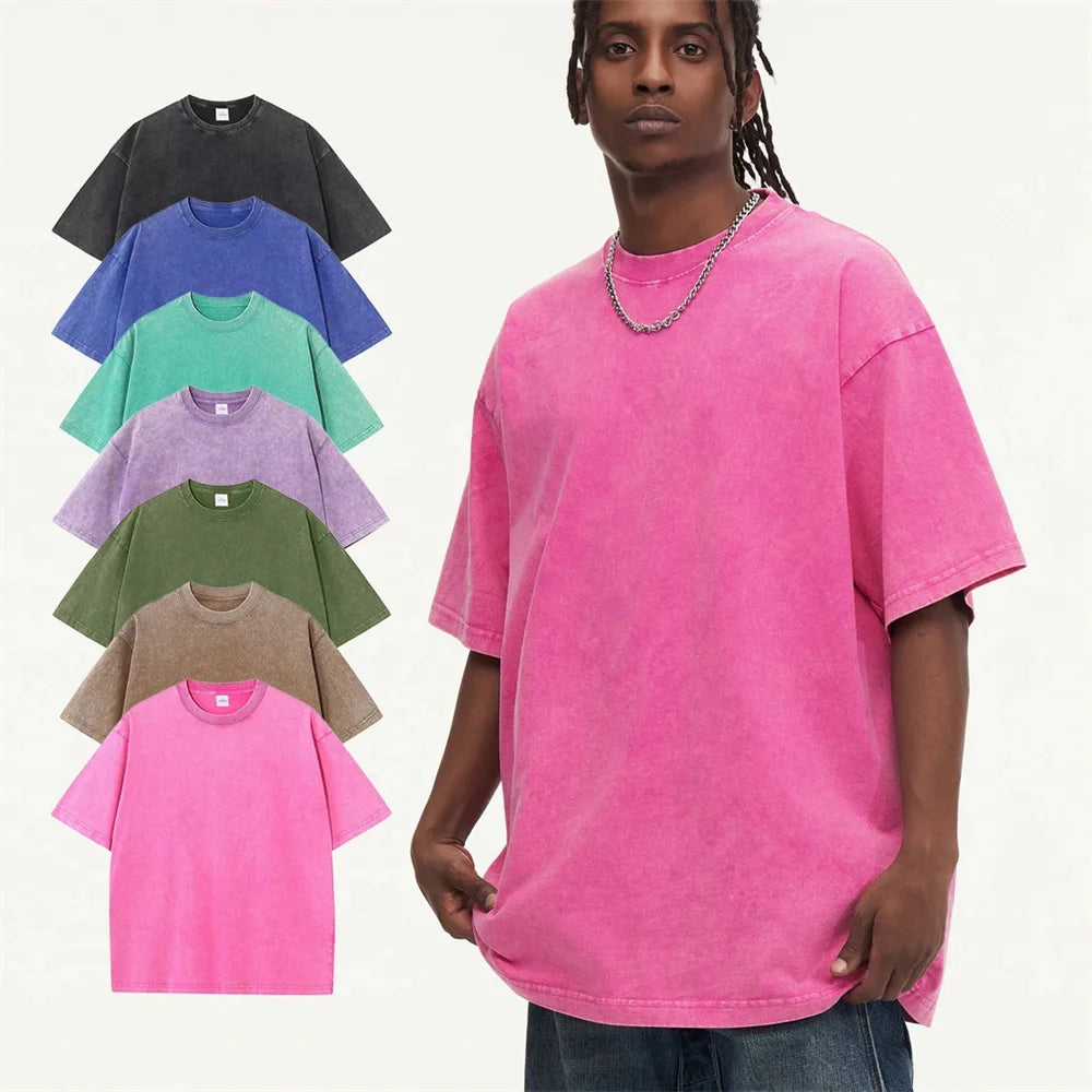 230G Cotton Retro T-shirt Drop-shoulder Sleeve Men Women Vintage Short-sleeve T Shirts Solid Color Hip Hop Loose Tees