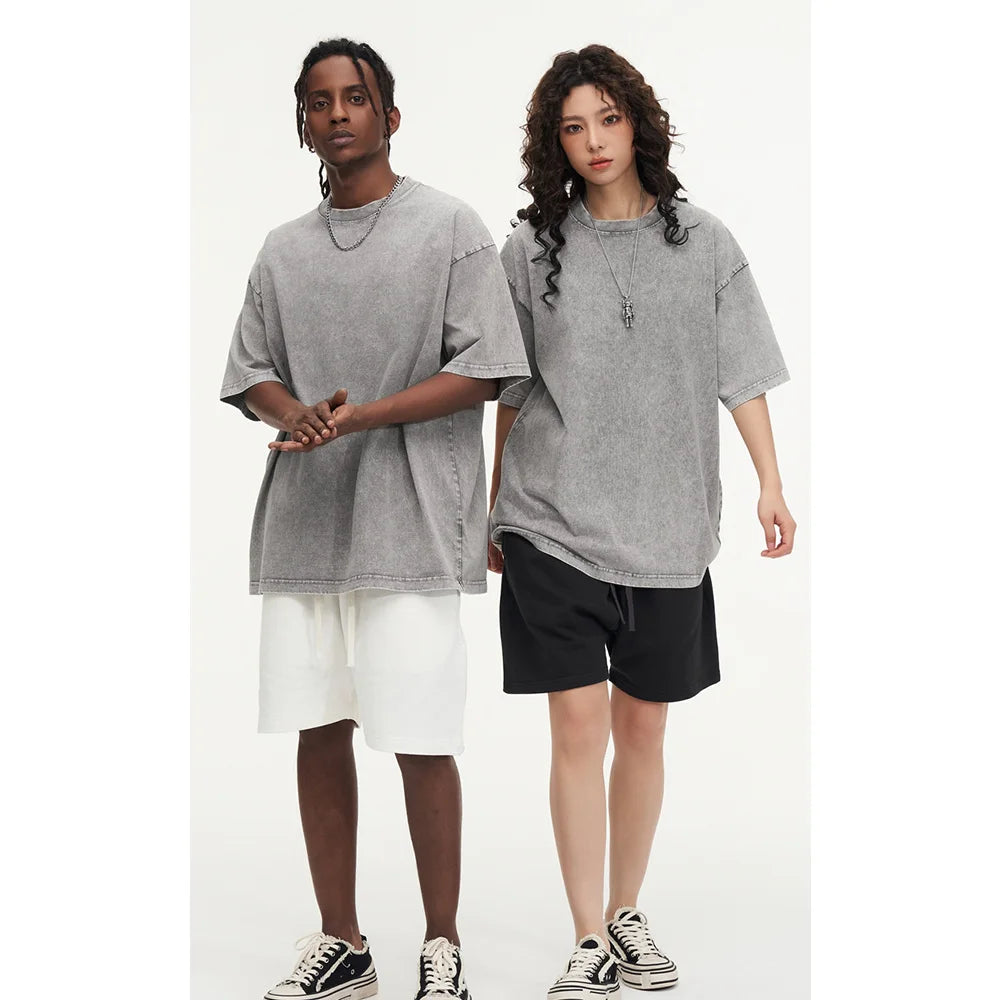 230G Cotton Retro T-shirt Drop-shoulder Sleeve Men Women Vintage Short-sleeve T Shirts Solid Color Hip Hop Loose Tees