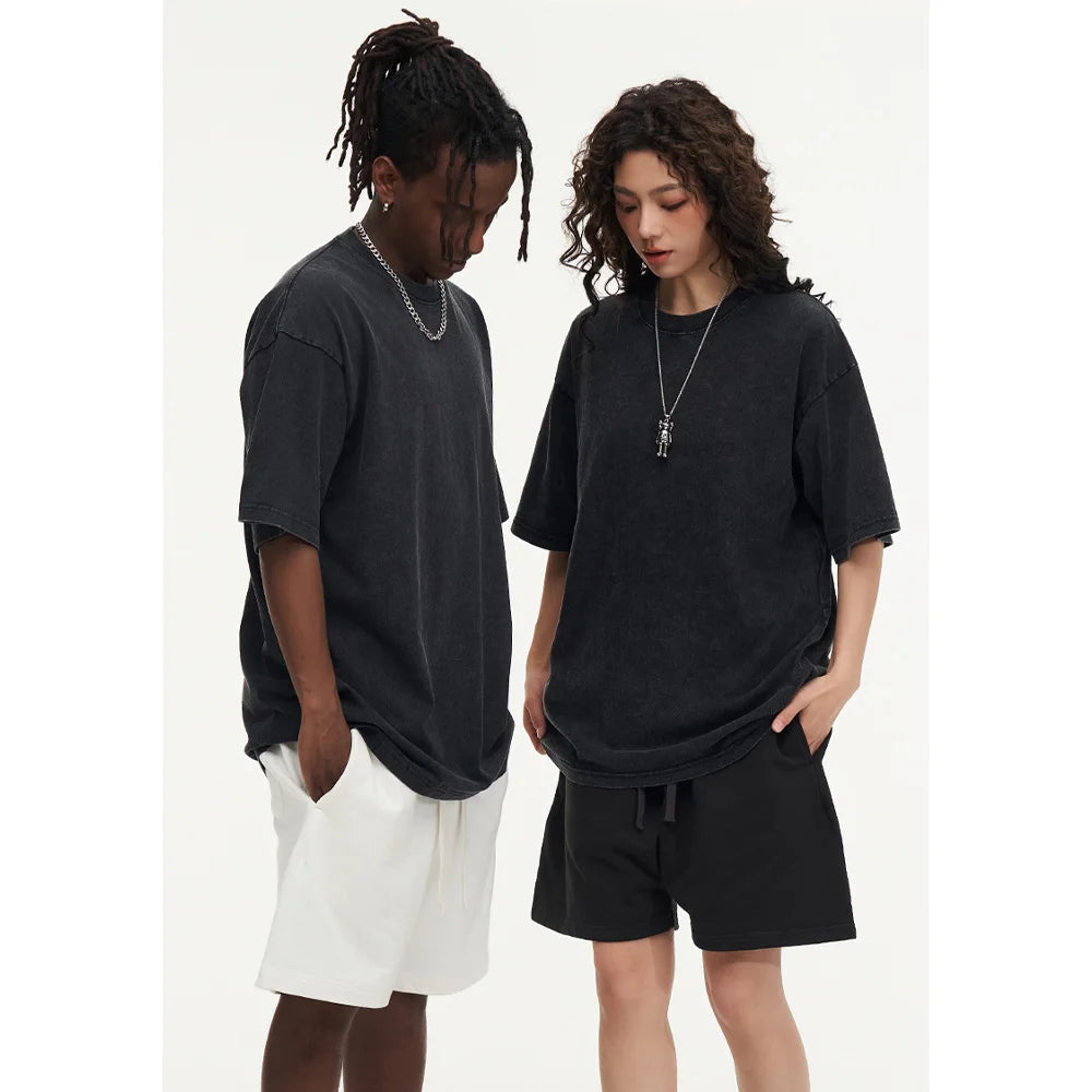 230G Cotton Retro T-shirt Drop-shoulder Sleeve Men Women Vintage Short-sleeve T Shirts Solid Color Hip Hop Loose Tees